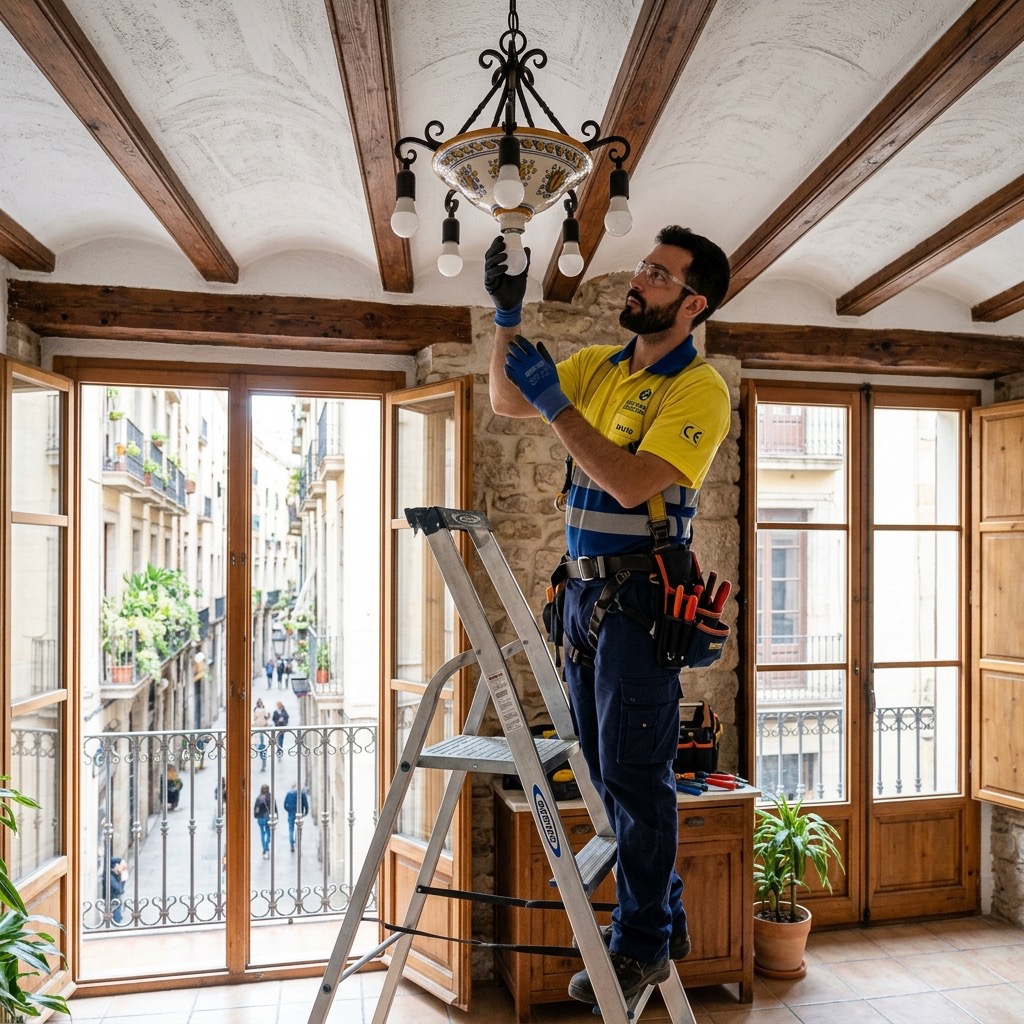 Electricista cambiando una bombilla LED en lámpara de techo en Barcelona