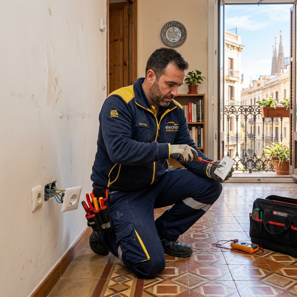 Electricista cambiando un enchufe de pared en Barcelona