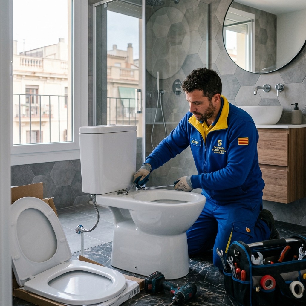 Fontanero con uniforme amarillo y azul instalando un inodoro nuevo en el baño en Barcelona