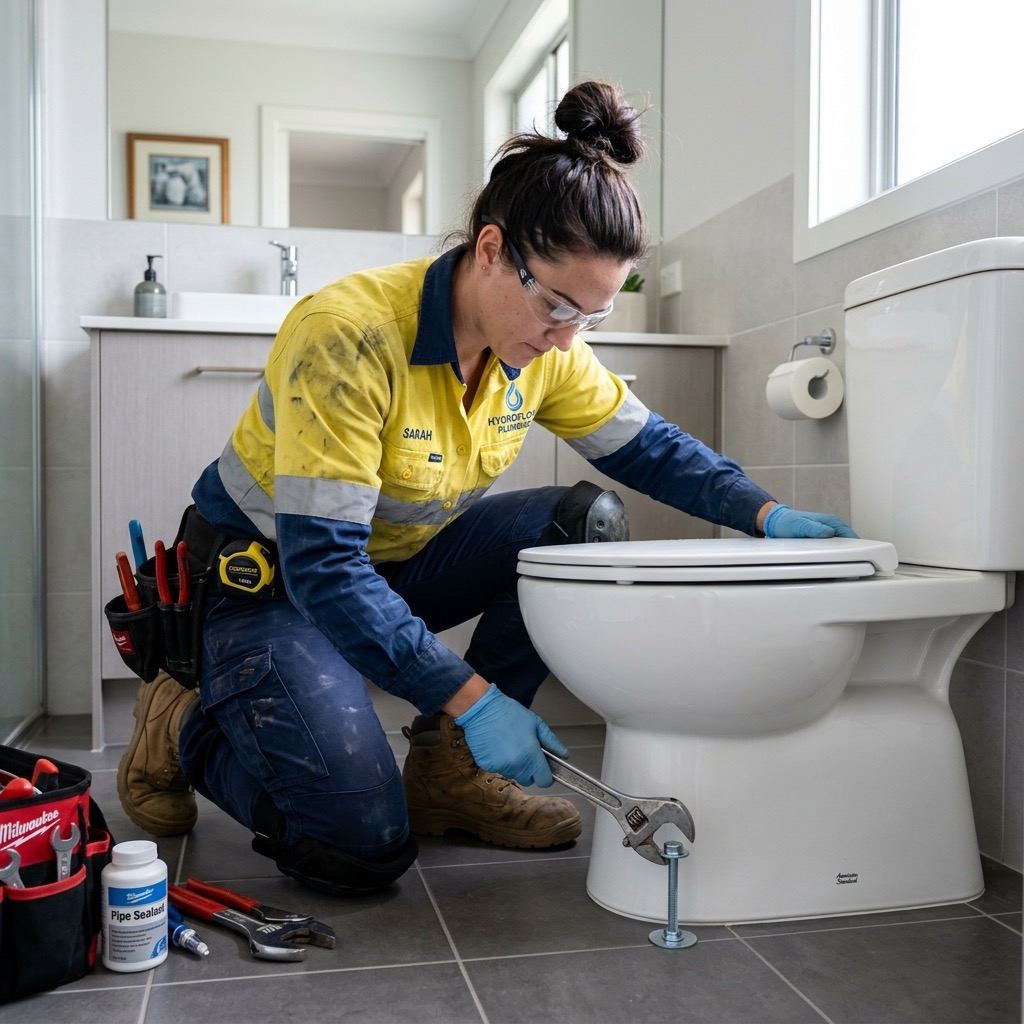 Fontanero profesional con uniforme corporativo fijando un sanitario al suelo de un baño