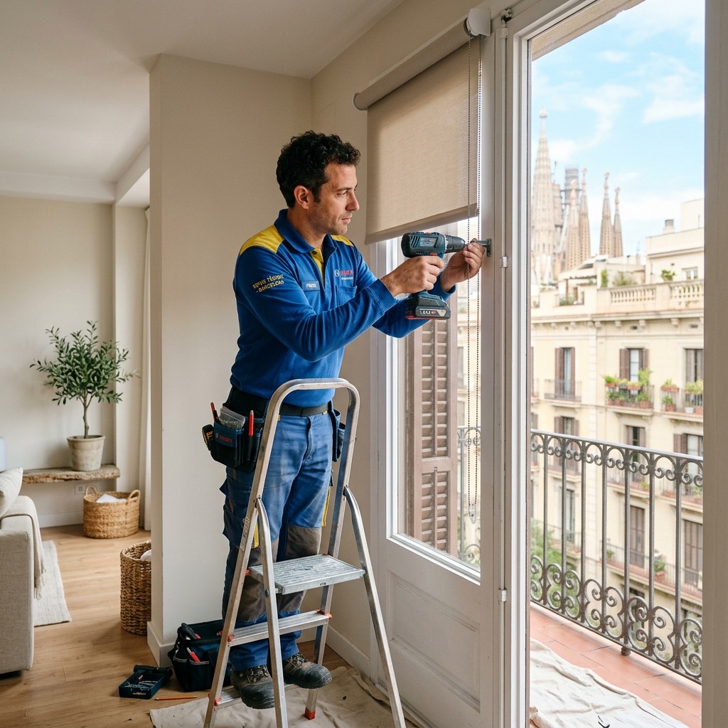 Manitas profesional midiendo e instalando un estor enrollable en una ventana de Barcelona
