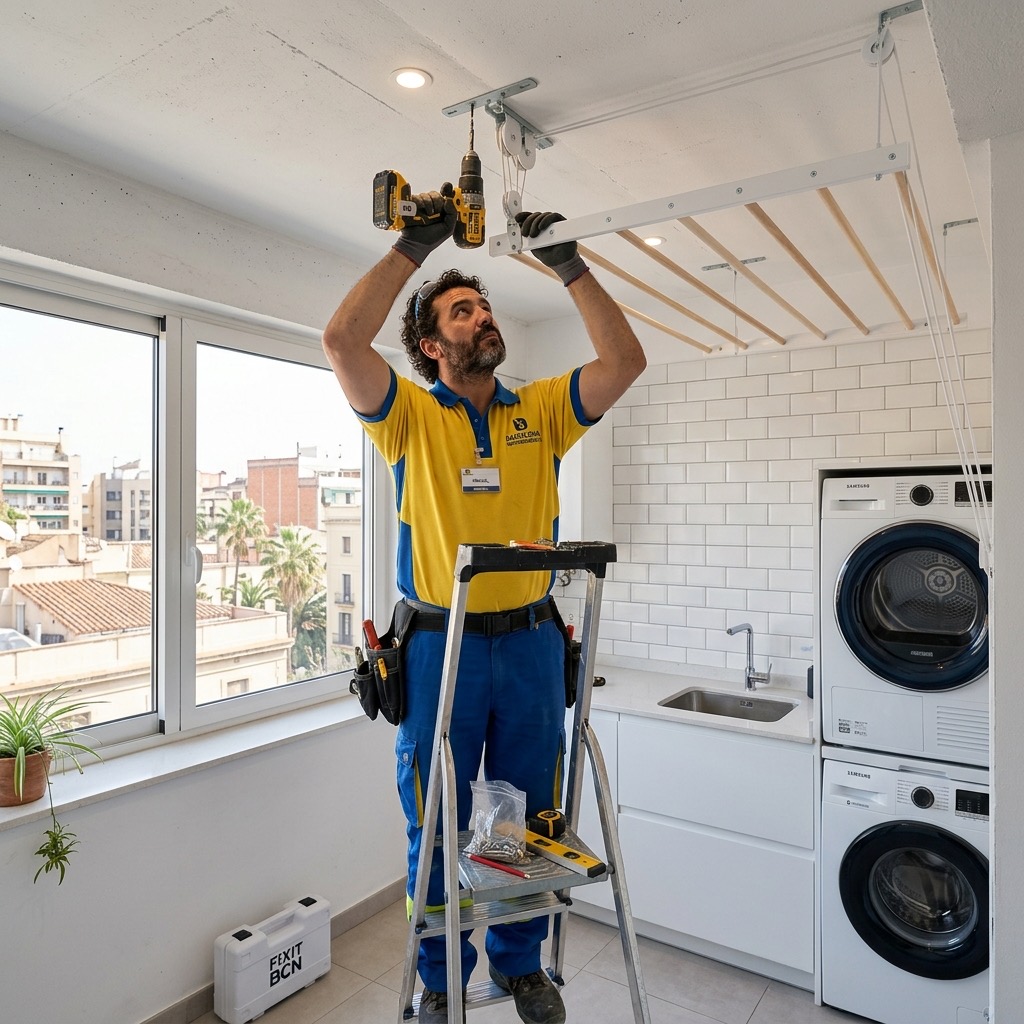 Manitas profesional instalando un tendedero de techo de poleas tipo Marta