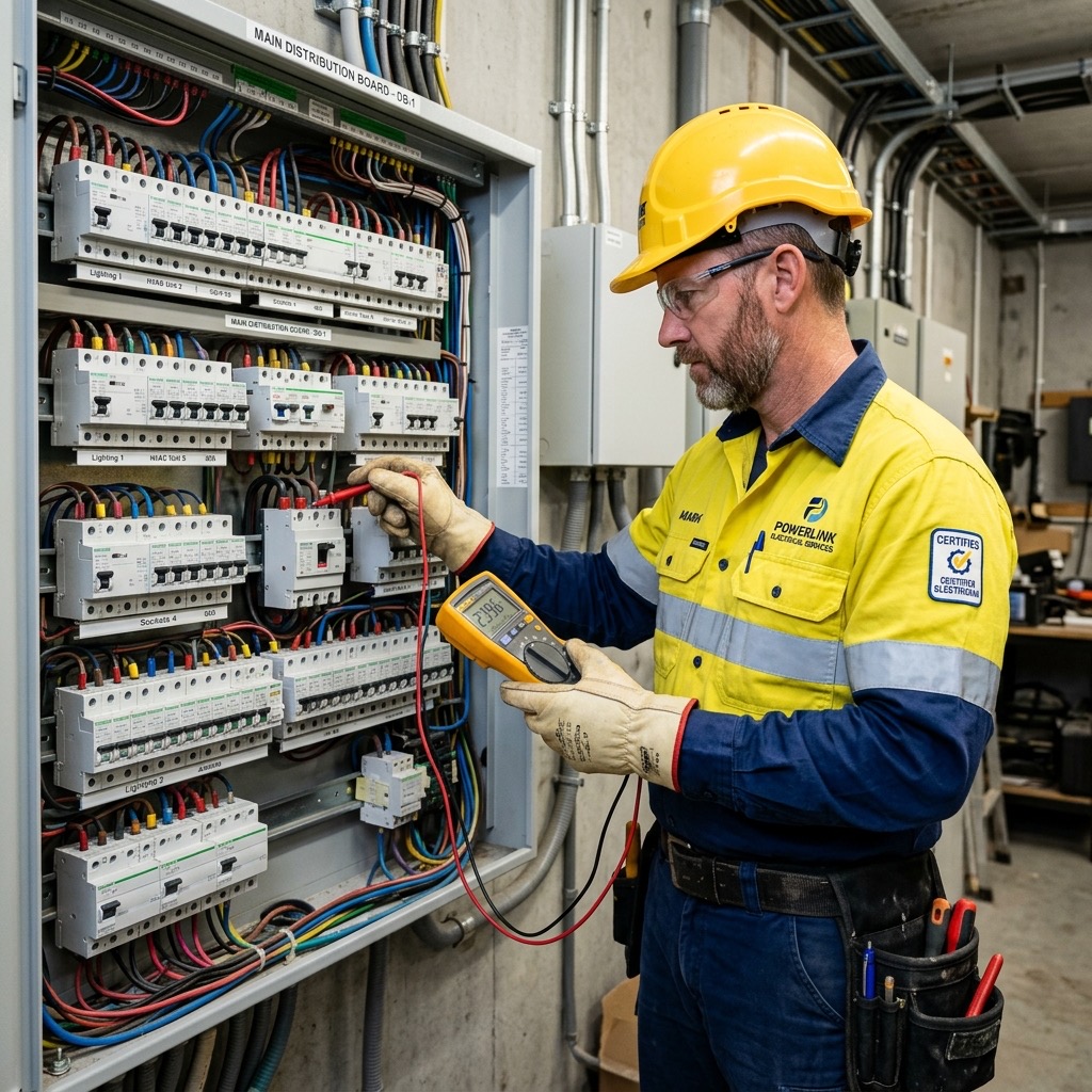 Electricista revisando magnetotérmicos con multímetro en Barcelona