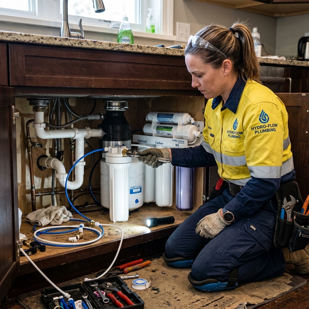 Fontanero profesional con uniforme amarillo y azul instalando un filtro de agua de ósmosis bajo fregadero en Barcelona