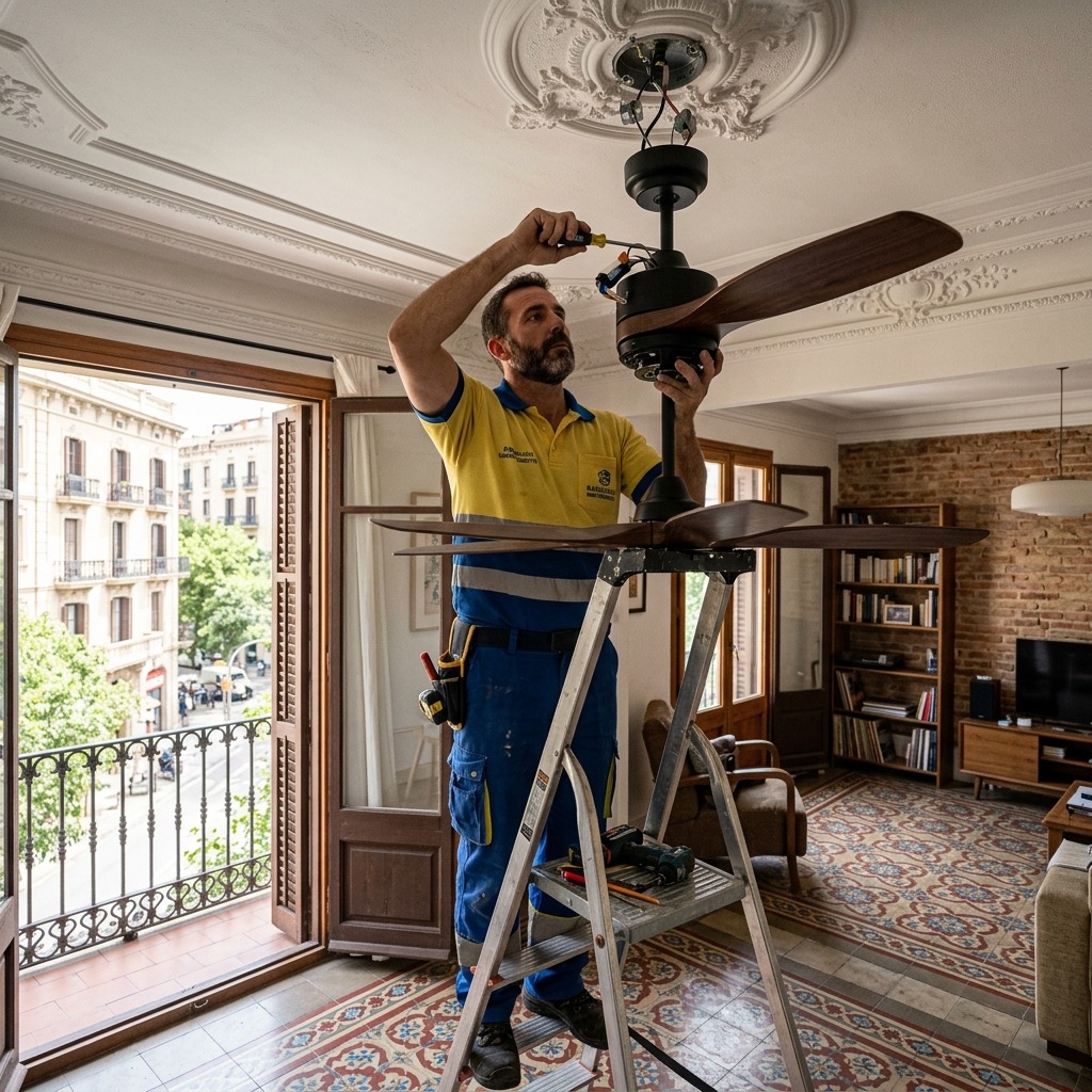 Instalador eléctrico de ventiladores de techo con uniforme amarillo y azul en Barcelona