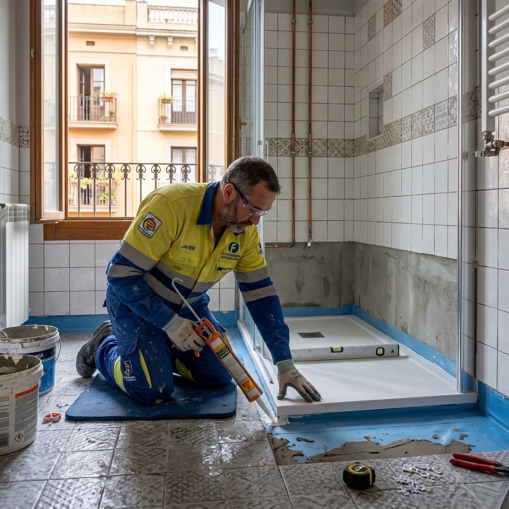 Fontanero con uniforme amarillo y azul instalando un plato de ducha de resina en baño de Barcelona