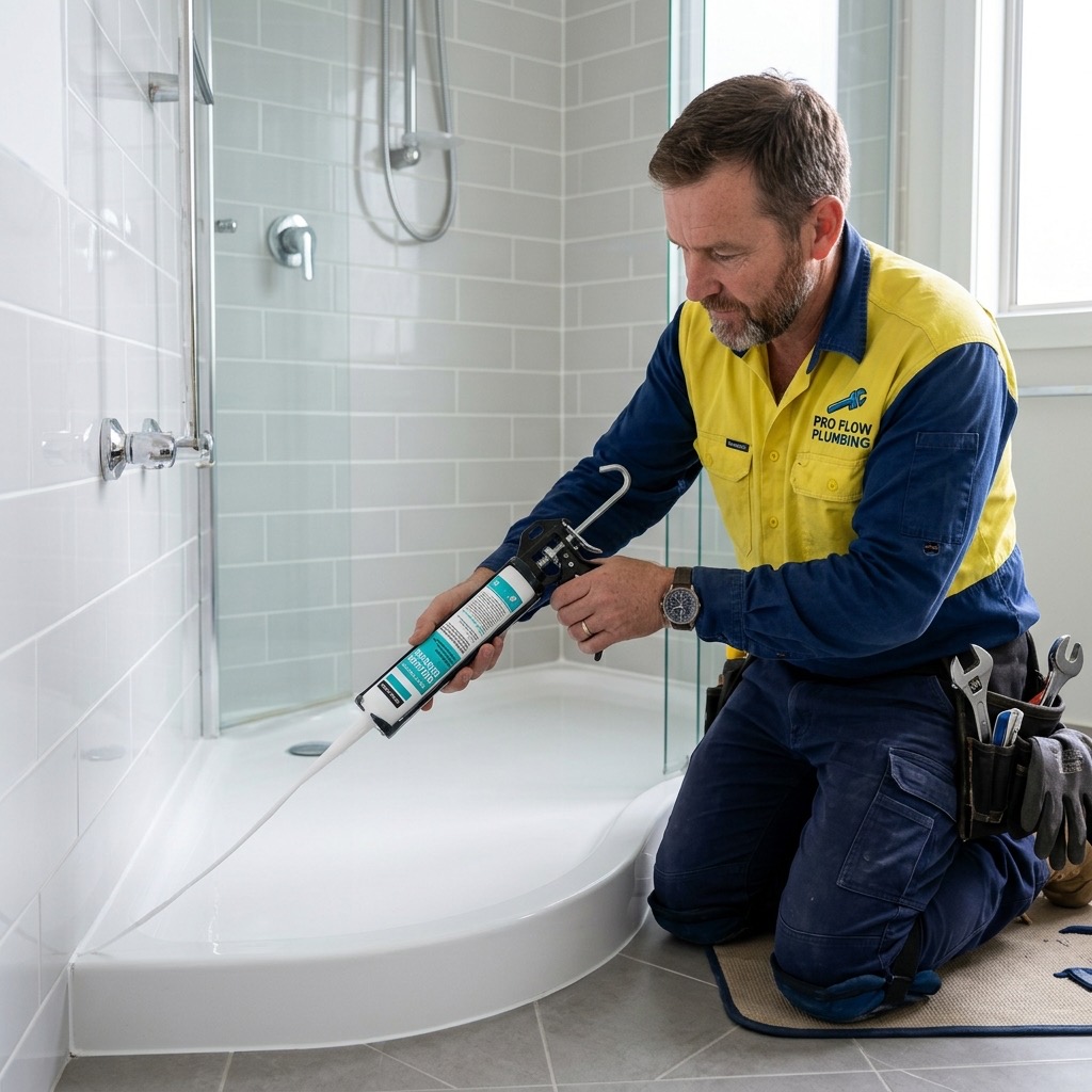 Fontanero aplicando silicona impermeabilizante en juntas de ducha de baño