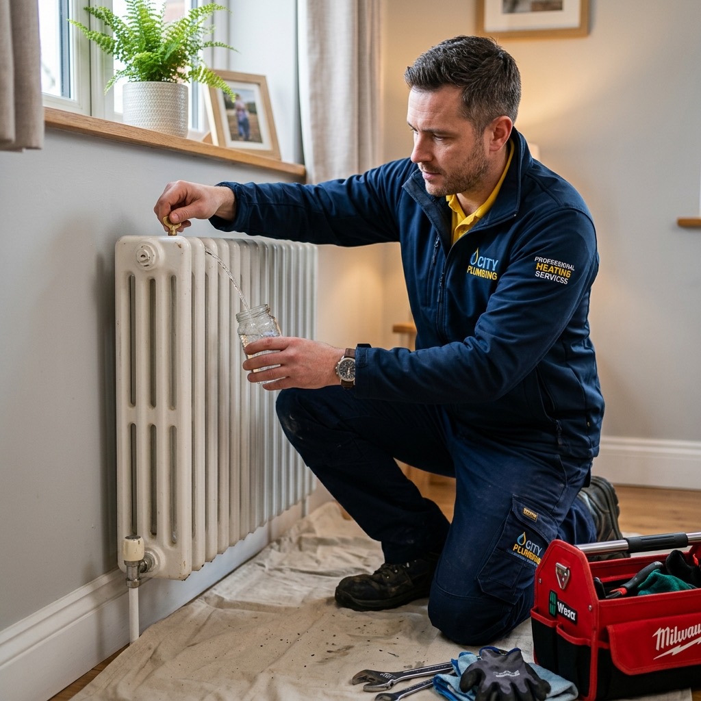 Fontanero profesional purgando radiador de pared con ropa amarillo y azul