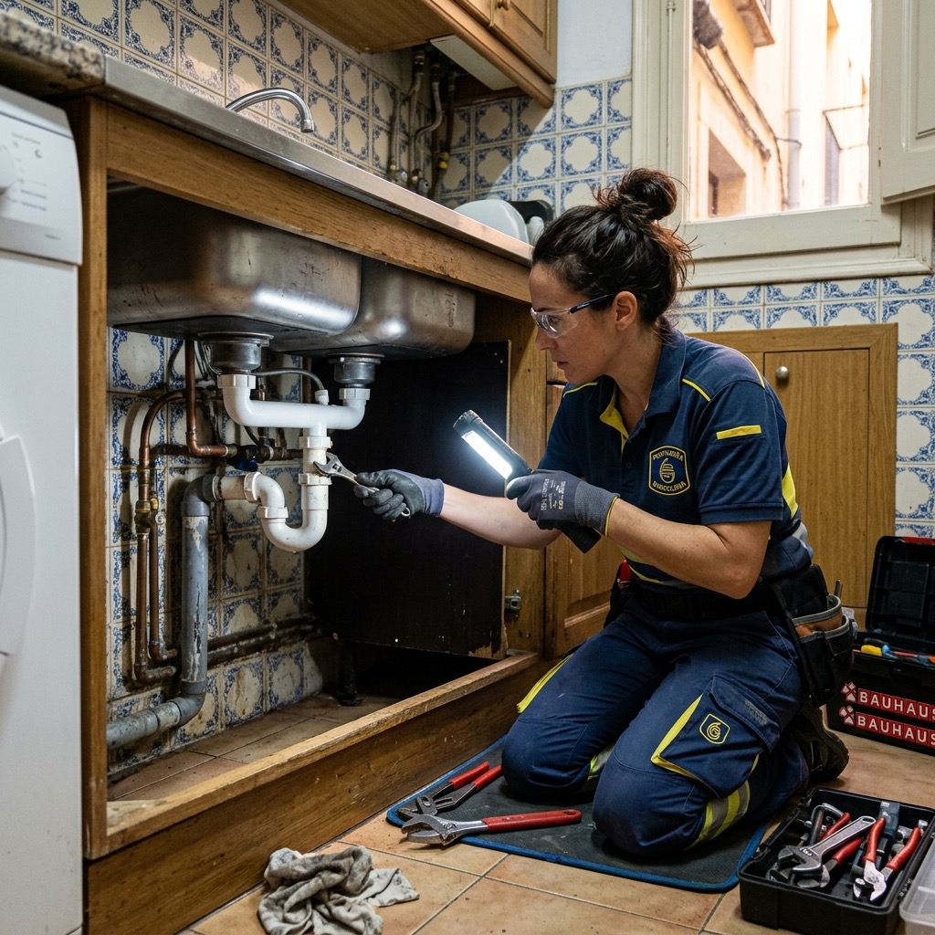 Fontanero profesional con ropa amarilla y azul inspeccionando una fuga de agua en Barcelona