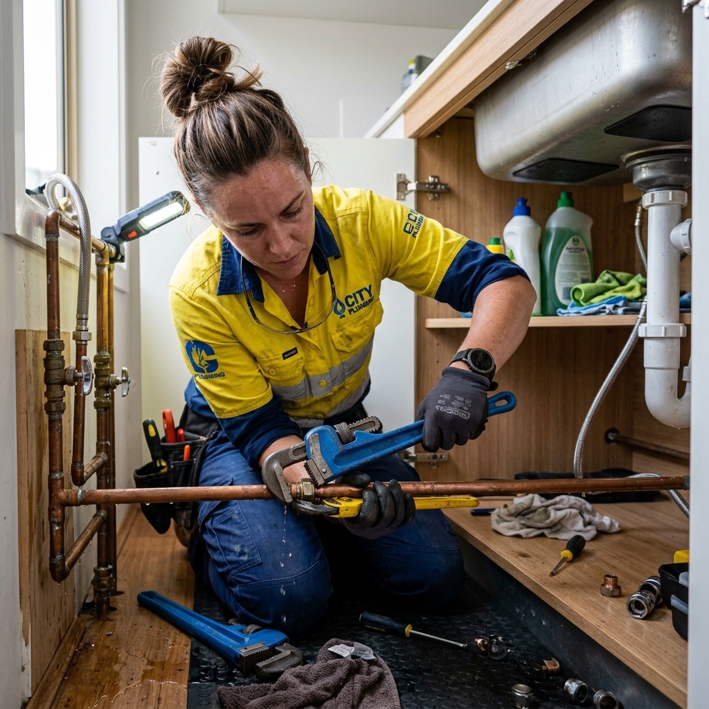 Reparación de tubería de cobre de agua en una vivienda de Barcelona por fontanero uniformado